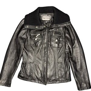 Vintage Bromley Leather Jacket Large Black Ribbed Knit Collar Moto Biker Coat